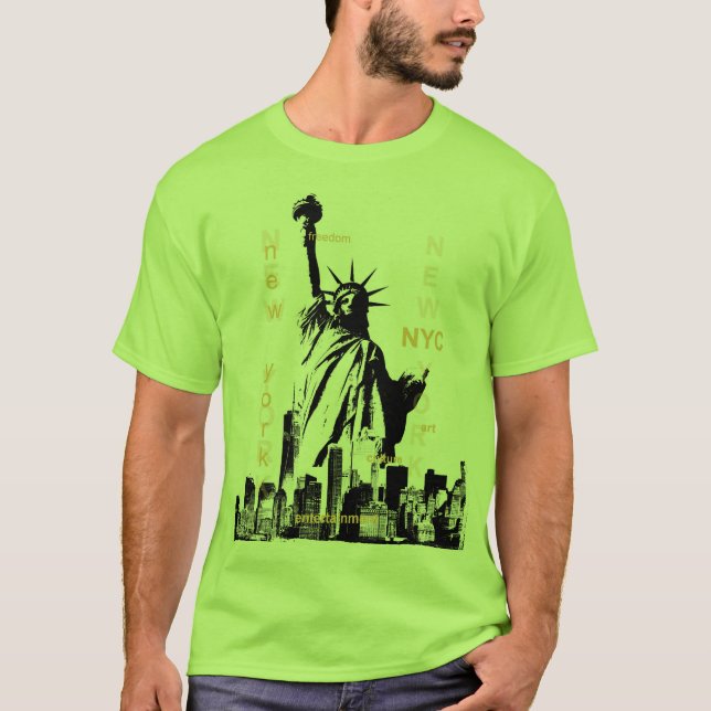 Nyc Manhattan Liberty Statue Mens Lime Green T-Shirt (Front)