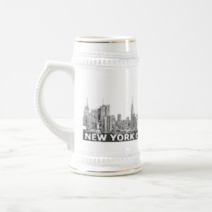 NYC monochrome skyline text Beer Stein