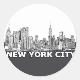 NYC monochrome skyline text Classic Round Sticker