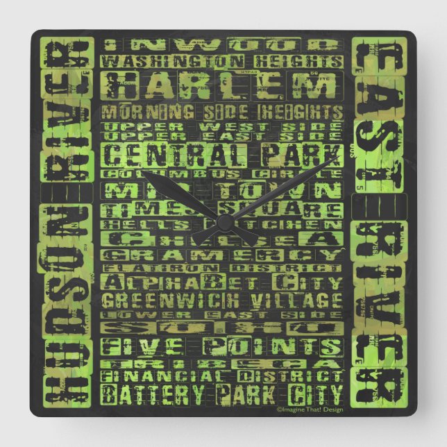 NYC Neighborhoods Green Square Wall Clock (Front)