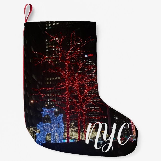 NYC New York Christmas Lights Reindeer Trees Small Christmas Stocking (Front)