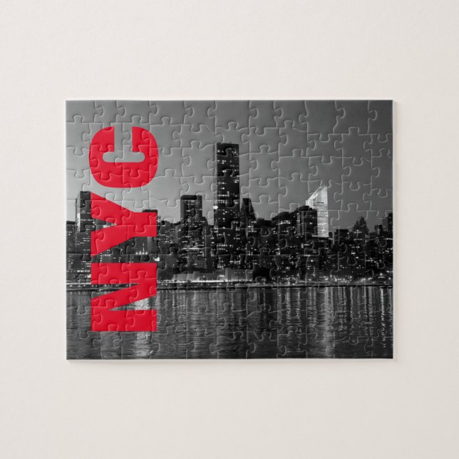 NYC New York City Manhattan Night Black White Jigsaw Puzzle (Horizontal)