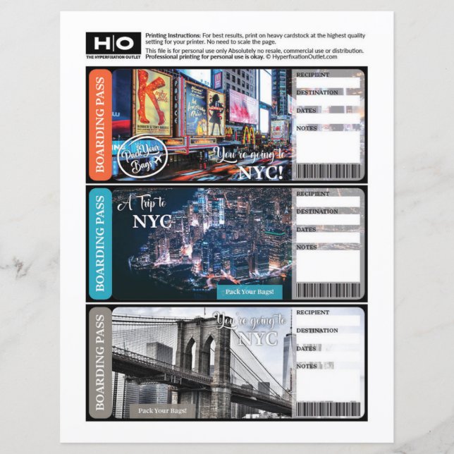 NYC | New York Mock Ticket for Travel and Events (Front)