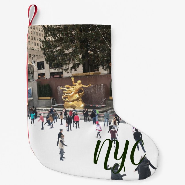 NYC New York Rockefeller Centre Tree Skating Rink Small Christmas Stocking (Front)