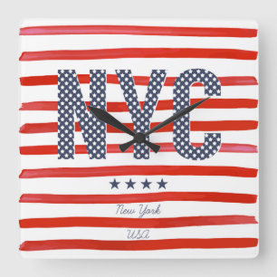 NYC   Red, White & Blue Design Square Wall Clock