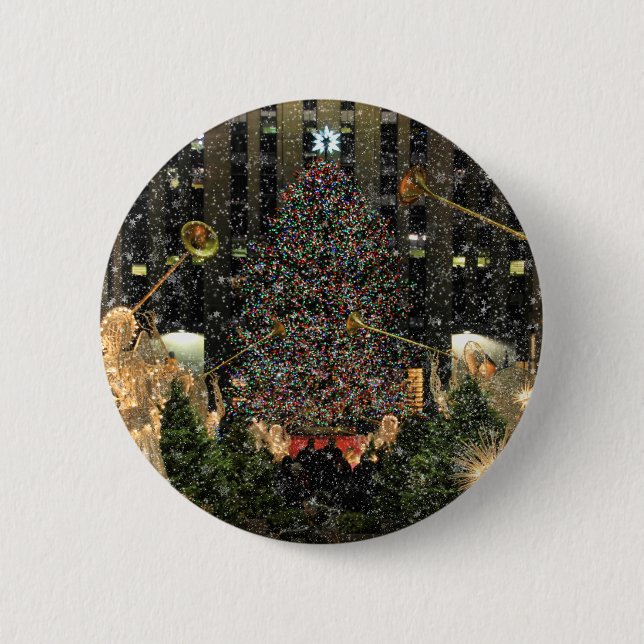 NYC Rockefeller Centre Xmas Tree Falling Snow 6 Cm Round Badge (Front)