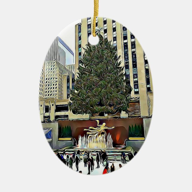 NYC Rockefeller Tree Skating Rink Christmas Ceramic Tree Decoration (Front)