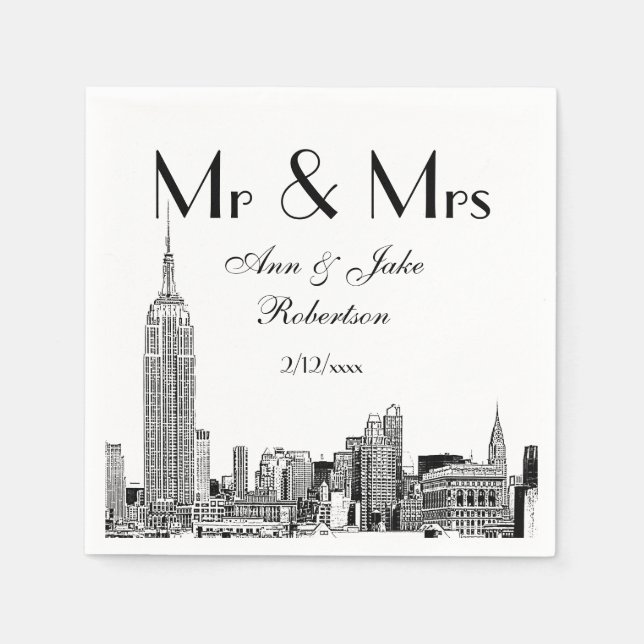 NYC Skyline 01 Etchd DIY BG Colour Wedding Mr Mrs Napkin (Front)