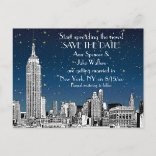 NYC Skyline 01 Etched Blue Starry Save the Date Announcement Postcard