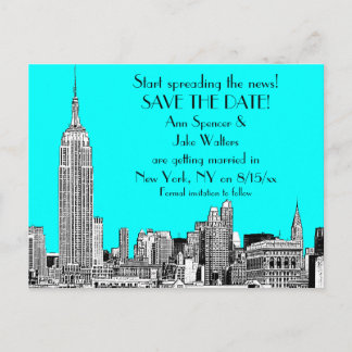 NYC Skyline 01 Etched DIY BG Colour Save the Date Announcement Postcard
