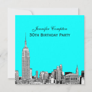 NYC Skyline 01 Etched DIY BG Colour SQ Birthday Pt Invitation