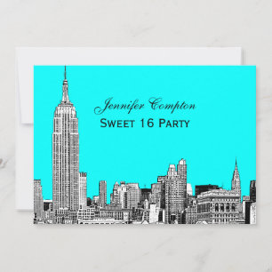 NYC Skyline 01 Etched DIY BG Colour Sweet 16 Party Invitation