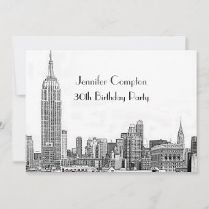 NYC Skyline 01 Etched Wht Birthday Party Invitation