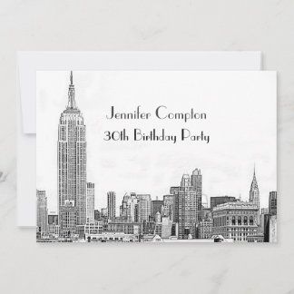 NYC Skyline 01 Etched Wht Birthday Party Invitation