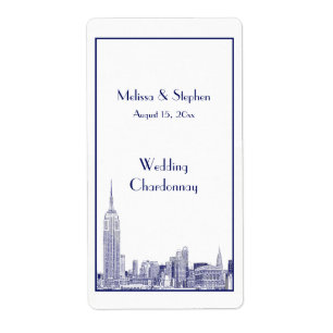 NYC Skyline 01 Etched Wine Label Blue