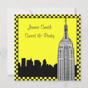 NYC Skyline 2 Etched ESB Chequered Taxi Sweet 16 Invitation