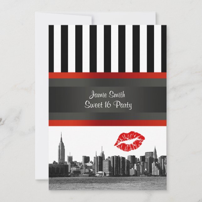 NYC Skyline Bk Wht Strp Red Kiss Sweet 16 Party Invitation (Front)