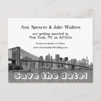 NYC Skyline Bklyn Bridge Etched Save the Date #2 Announcement Postcard