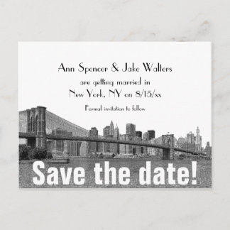 NYC Skyline Bklyn Bridge Etched Save the Date Announcement Postcard