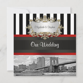 NYC Skyline Brooklyn Bridge Blk White Wedding Invitation