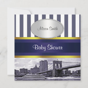NYC Skyline Brooklyn Bridge Blue White Baby Shower Invitation