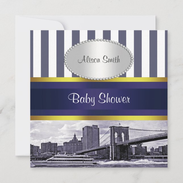 NYC Skyline Brooklyn Bridge Blue White Baby Shower Invitation (Front)