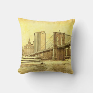 NYC Skyline Brooklyn Bridge Boat Etched Look #1 Cushion