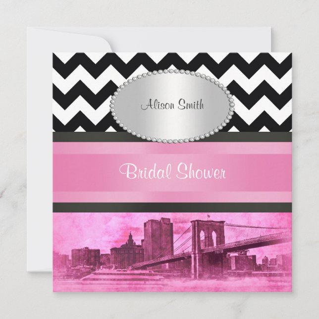 NYC Skyline Brooklyn Bridge BW Pnk P Bridal Shower Invitation (Front)