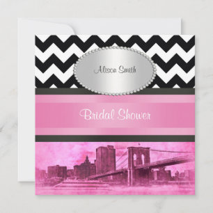 NYC Skyline Brooklyn Bridge BW Pnk P Bridal Shower Invitation