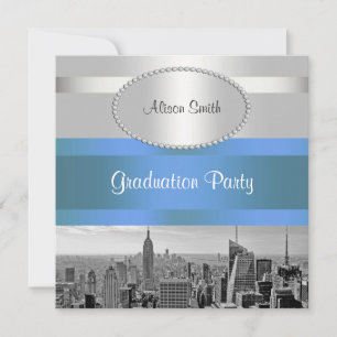 NYC Skyline BW 05 White Blue 2 Graduation Invite