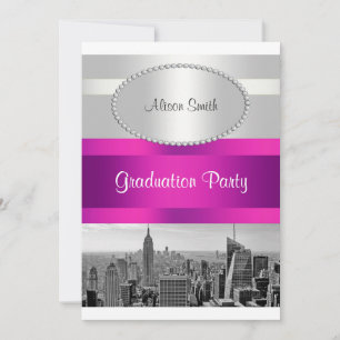 NYC Skyline BW 05 White Hot Pink Graduation Invite