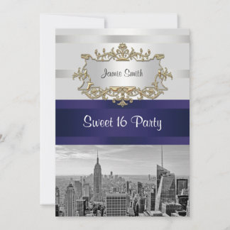 NYC Skyline BW 05 White Navy 2 Sweet 16 Invite