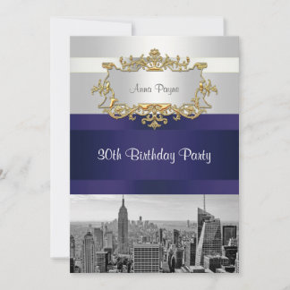 NYC Skyline BW 05 White, Navy Blue Birthday Invite
