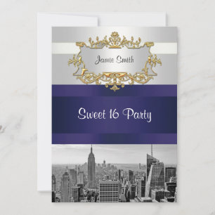 NYC Skyline BW 05 White Navy Blue Sweet 16 Invite
