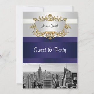 NYC Skyline BW 05 White Navy Blue Sweet 16 Invite