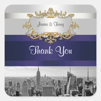 NYC Skyline BW 05 White Navy Invit Suite Thank You Square Sticker