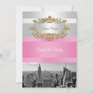 NYC Skyline BW 05 White, Pink Sweet 16 Party Invitation
