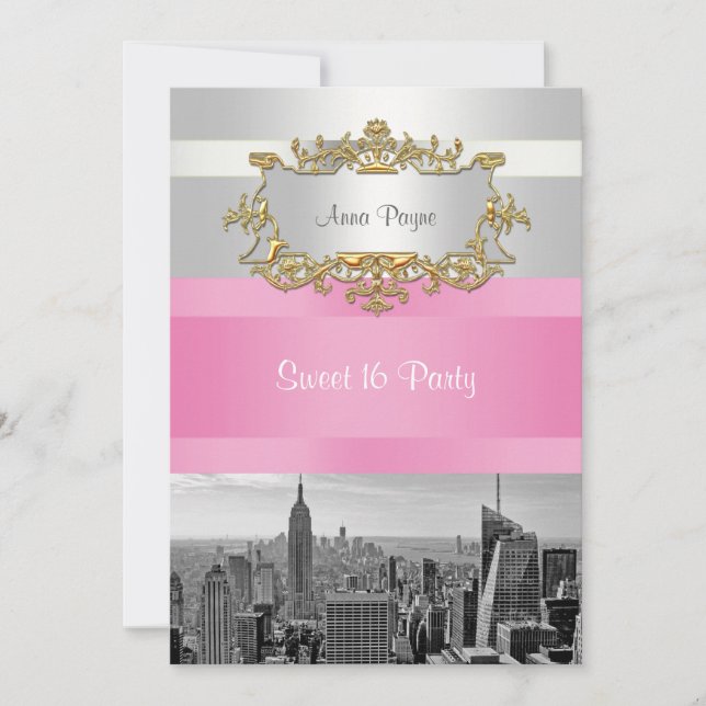 NYC Skyline BW 05 White, Pink Sweet 16 Party Invitation (Front)