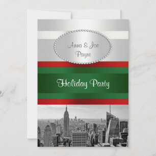 NYC Skyline BW 05 White, Red Green Christmas Invitation