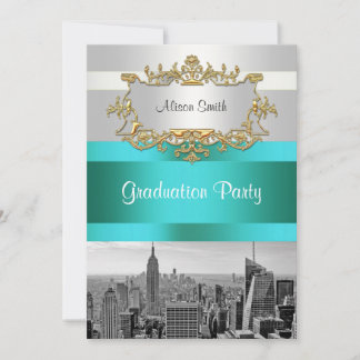 NYC Skyline BW 05 White Teal Graduation Invite