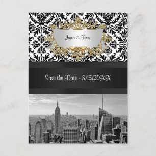 NYC Skyline BW 431 Damask Save the Date Postcard