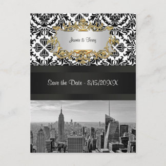 NYC Skyline BW 431 Damask Save the Date Postcard