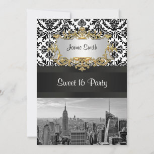 NYC Skyline BW 431 Damask Sweet 16 Party Invite V