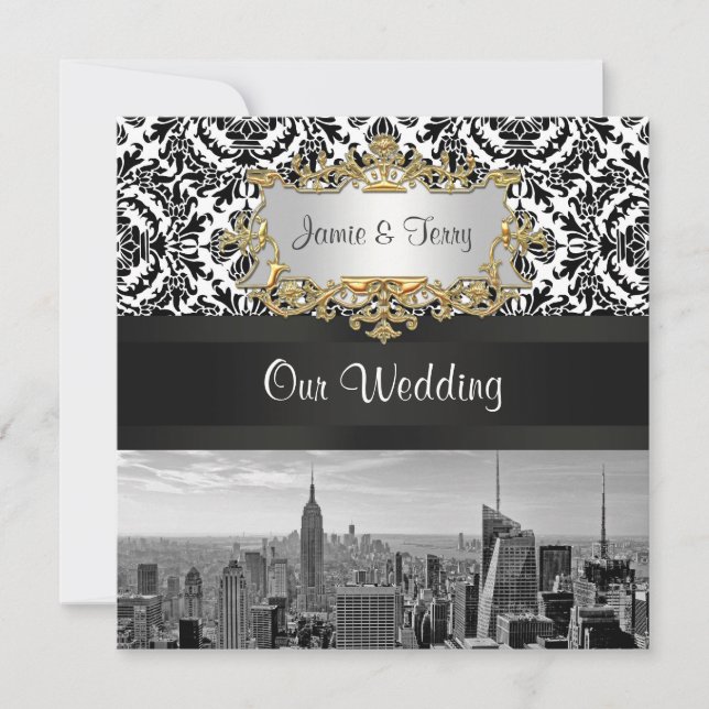 NYC Skyline BW 431 Damask Wedding Invitation (Front)
