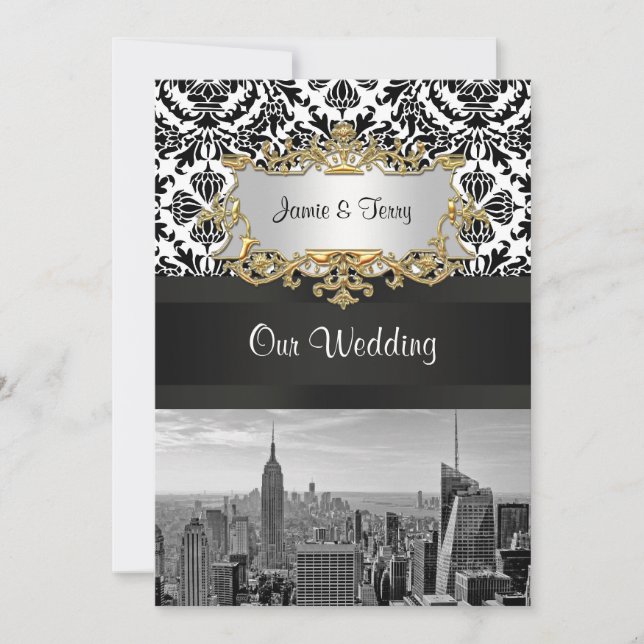 NYC Skyline BW 431 Damask Wedding Invitation V (Front)
