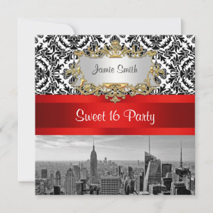 NYC Skyline BW 432 Damask - Sweet 16 Party Invite