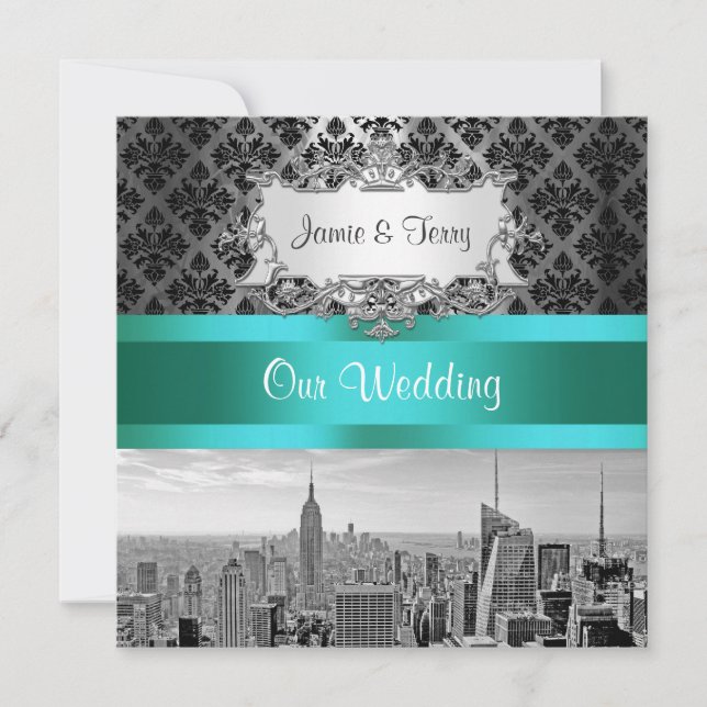 NYC Skyline BW B3 Damask Wedding Invitation F2 (Front)