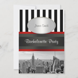 NYC Skyline BW Black White Stripe 2P Bachelorette Invitation