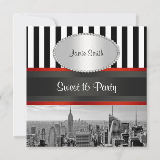 NYC Skyline BW Black White Stripe P Sweet 16 Party Invitation