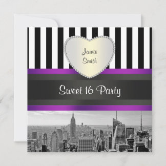 NYC Skyline BW Blk Wht Strp Purpl H Sweet 16 Party Invitation